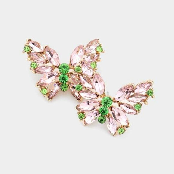 Butterfly Pink and Green Crystal Cluster Evening Earrings - Picture 1 of 5